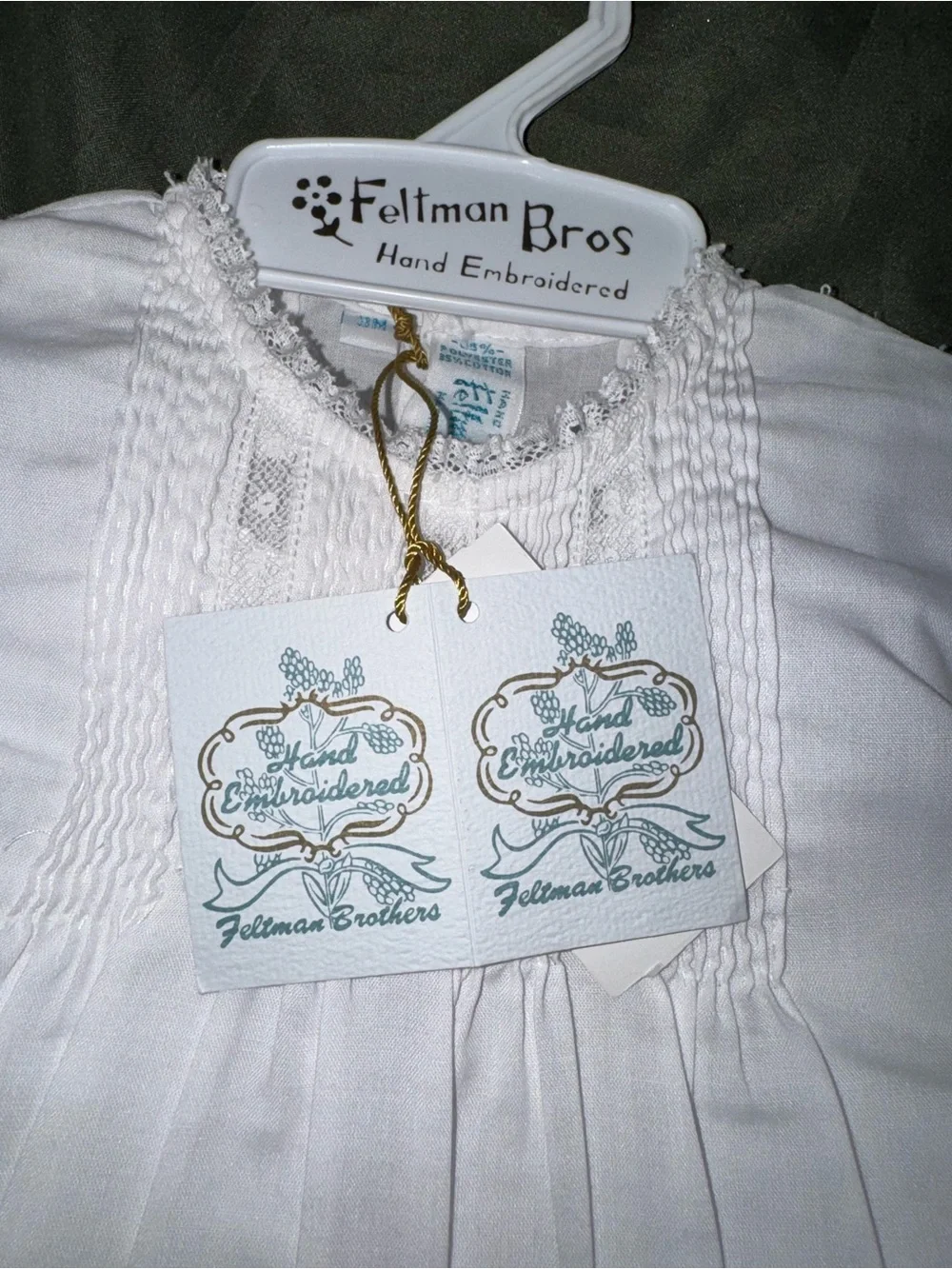 Feltman Brothers Girls size 3 months Hand-Embroidered White Baby Dress NWT
